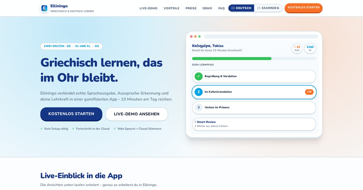 Elliningo Screenshot: Lernpfad-Dashboard der App zum Griechischlernen mit Lektionen, Fortschrittsanzeige und Streak