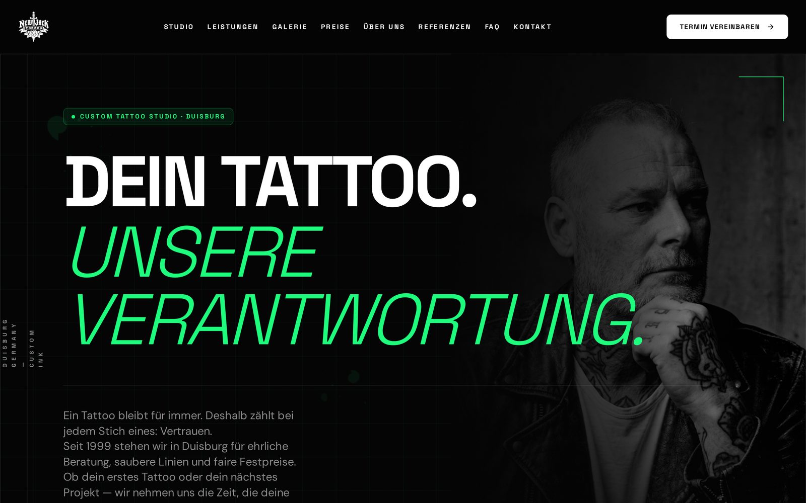 New Jack Tattoo: Startseite des Duisburger Tattoo-Studios mit dunklem Design, großer Überschrift und Button zur Terminvereinbarung